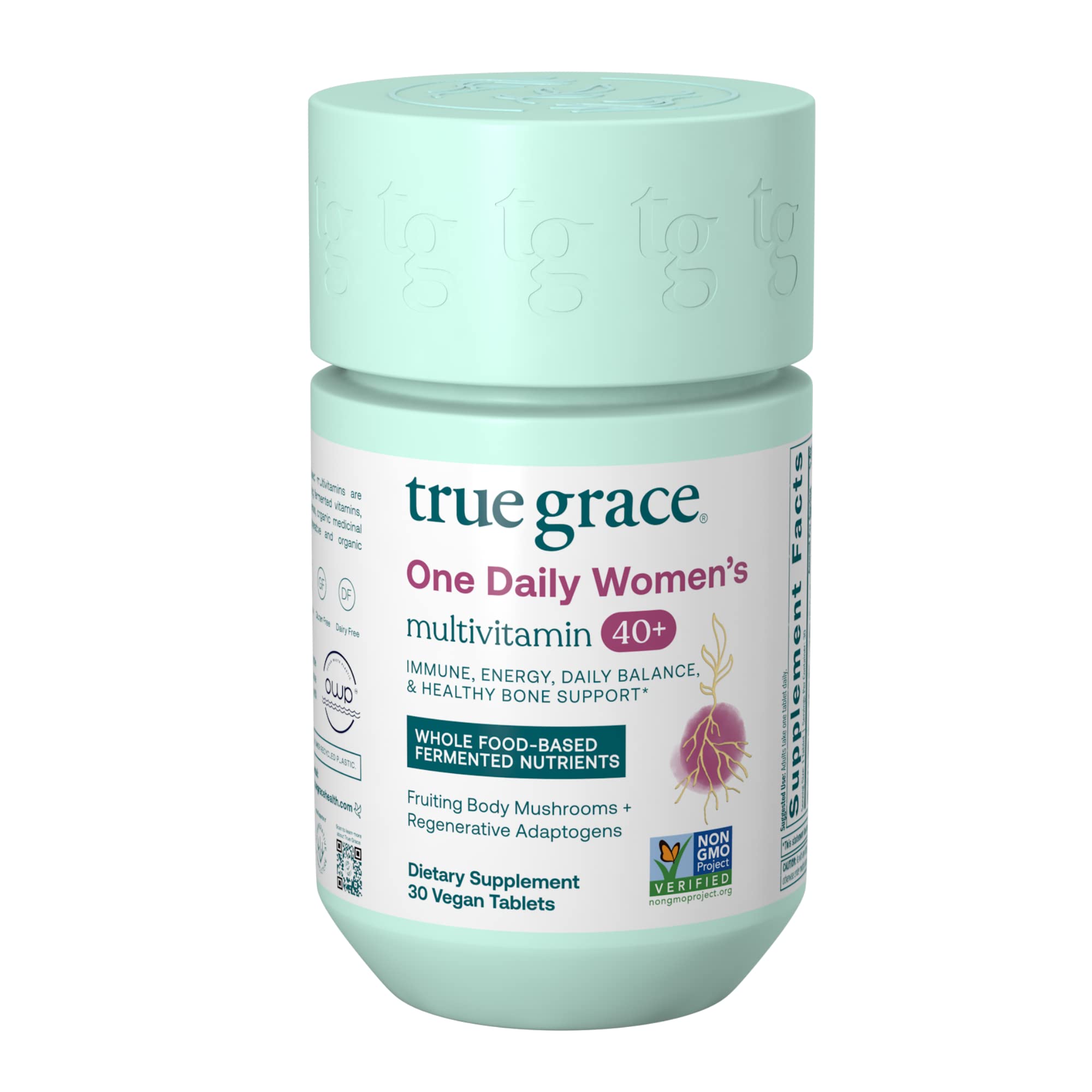 True Grace One Daily Women’s Multivitamin 40+ Fermented Minerals, Organic Adaptogens & Mushrooms Energy, Immune, Bone, Heart Support - Iron Free, Non-GMO, Gluten Free, Soy Free - 30 Vegan Tablets