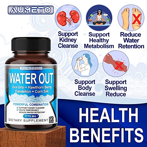 AUMETO Ultra Natural Water Out Pills 7,775 mg Maximum Potency with Uva Ursi Hawthorn Berry Dandelion Corn Silk - Full Body Cleanse and Kidney & Stomach Support (90 Count (Pack of 1))