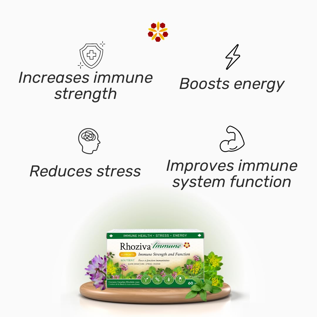 Rhoziva Immune. Immune System Booster Supplement, Stress & Energy Support. Rhodiola Rosea, Reishi Mushroom Extract, Astragalus, Prunella. Vitamins & Minerals. 60 Capsules. (Pack of 1)