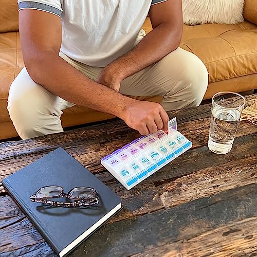 EZY DOSE Push Button (7-Day) Pill Case, Medicine Planner, Vitamin Organizer, 2 Times a Day AM/PM, Large Compartments, Arthritis Friendly, Clear Lids, Purple/Blue