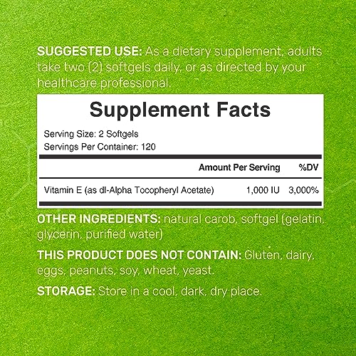 DEAL SUPPLEMENT Vitamin E Supplements, 1,000 IU Per Serving, 240 Softgels – Extra Strength Antioxidant Protection – Bioavailable Stable Form – Skin, Heart, Brain, & Immune Support – Non-GMO