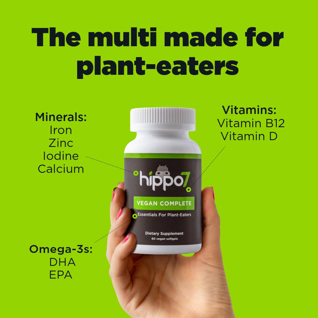 Hippo7 Vegan Complete Multivitamin Vitamin B12, Vitamin D, Omega-3 DHA+EPA, Calcium, Iodine, Zinc & Iron. (1 Bottle, 60 Softgels)