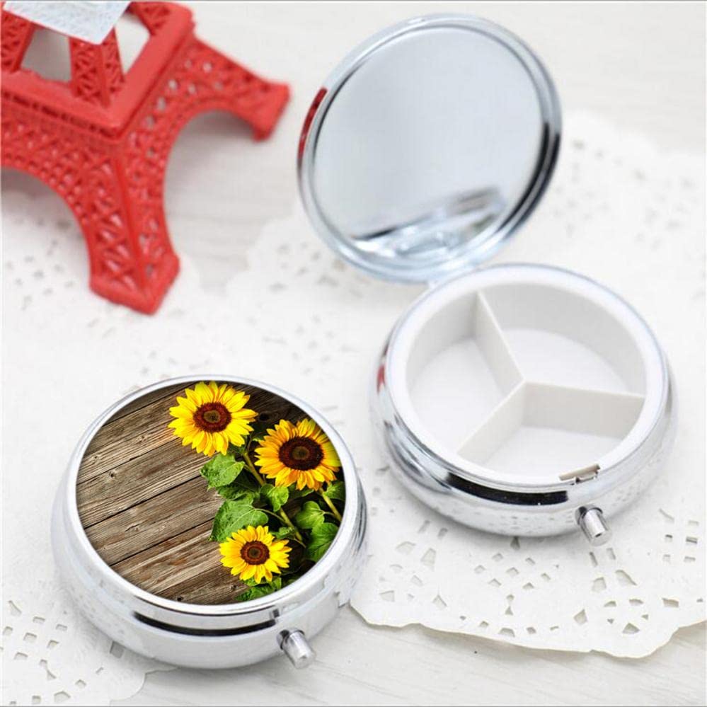 Pill Box,Sunflower Round Pill Box 3 Compartment Decorative Pocket Purse Portable Mini Travel Medicine Tablet Vitamin Holder Organizer Pill Case