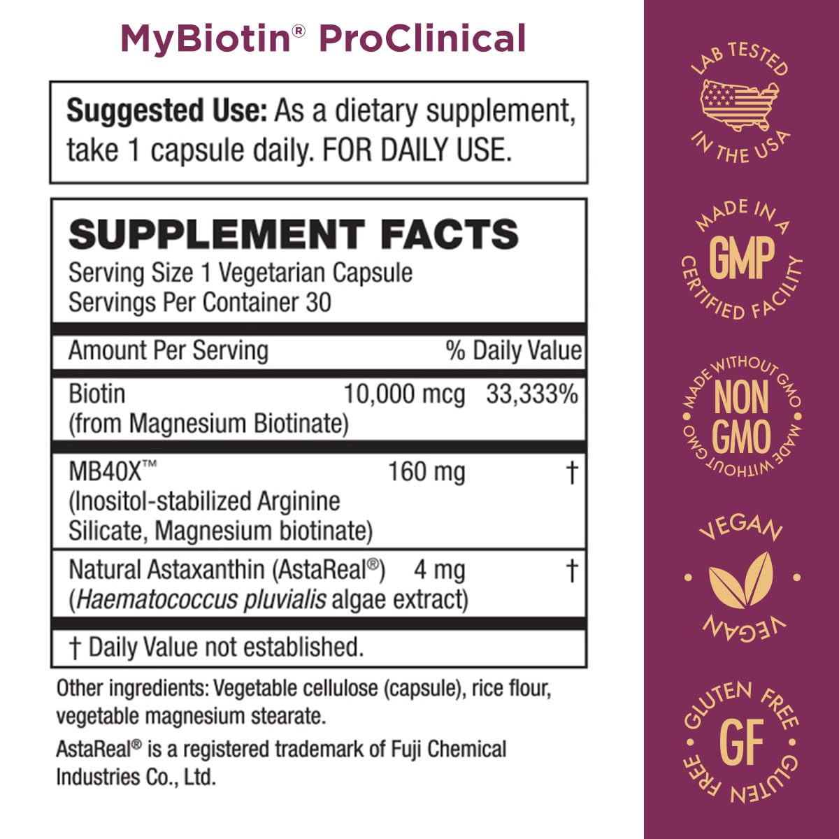 Purity Products MyBiotin ProClinical - 3 Month Supply – Thicker Hair in 3 Weeks & Fights Wrinkles - MB40X Patented Biotin Matrix w/Astaxanthin - 40X More Soluble vs Ordinary Biotin - 90 Caps