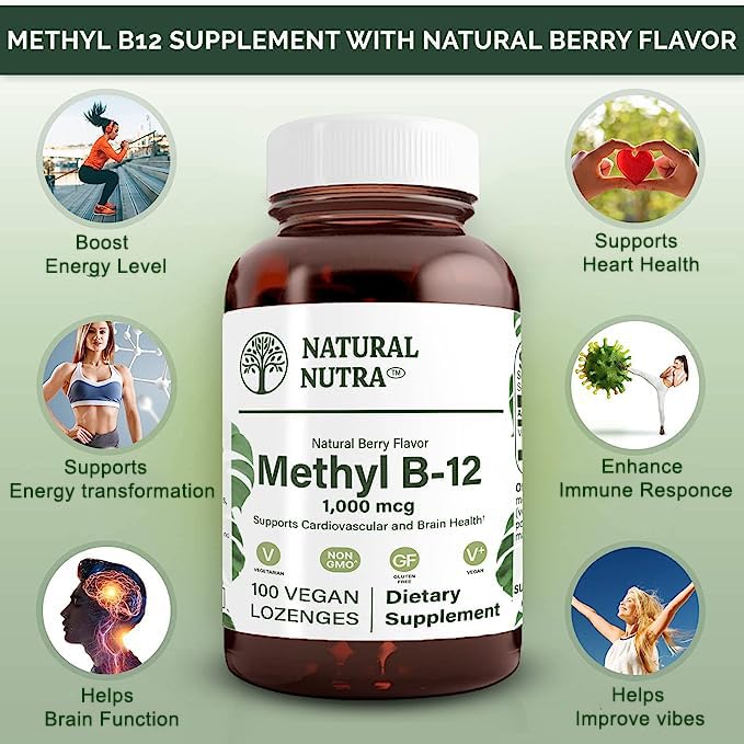 Natural Nutra Vegan Methyl B12 1000mcg, Heart Health and Energy Booster Supplement, Gluten Free, 100 Vegan Lozenges