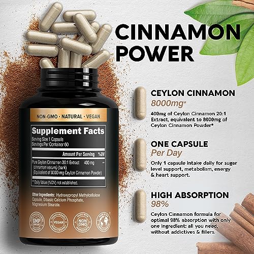 Ceylon Cinnamon Capsules - 8000 mg, Extra Strength - Made in USA - Energy, Heart & Metabolism Support - for Men & Women - Pure Natural Extract 20:1 Supplement - 60 Vegan Pills, 2 Month Supply