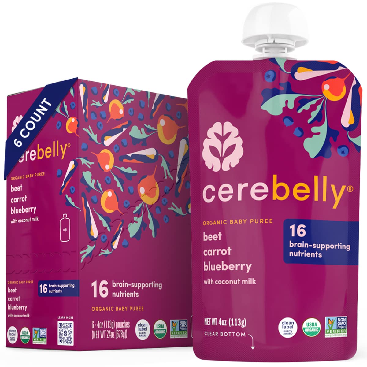 Cerebelly Organic Baby Food Pouches Beet Carrot Blueberry (4 Ounce, 6 Count) – Toddler Snacks - 16 Brain-supporting Nutrients from Superfoods - Healthy Snacks, Gluten-Free, BPA-Free, No Added Sugar