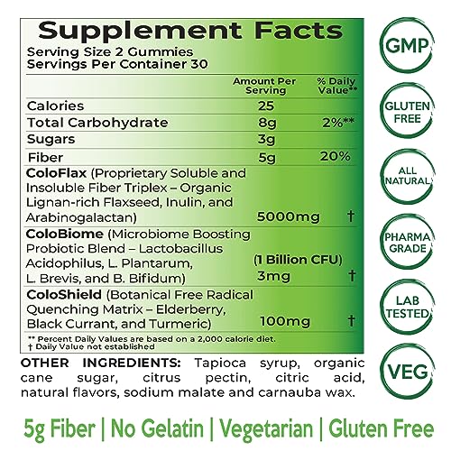 ColoFlax Flaxseed Chewable Gummy Supplement - Flaxseed Extract Chews High in Dietary Fiber, Lignans, Omega-3, Probiotics, Prebiotic, Gluten Free - Flax Seed Relief for Stomach Pain, Constipation