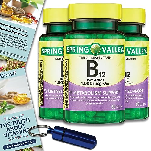 Spring Valley Timed-Release Vitamin B12 Tablets, 1,000 mcg, 60 Count 3 Pack Bundle (180 Count Total) - Includes Vitamin Guide and Pill Container (5 Items)!