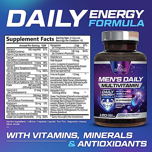 Nature's Daily Multivitamin for Men - Mens Multivitamins Supplement, with Vitamin A, B12, C, & D, Daily Nutritional Support, Multivitamin Supplement, Non-GMO Vitamins for Men, 60 Day Supply, 120 Count