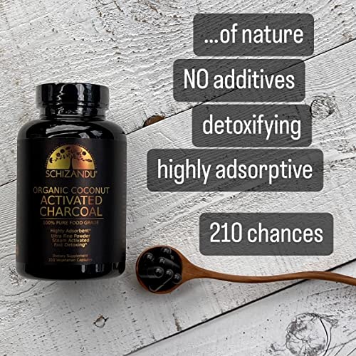 Schizandu Organics Activated Coconut Charcoal Capsules, 100% Pure Detox, Non GMO | 210 Pills | Use for Detoxification, Teeth Whitening, Digestive Health, Prevention