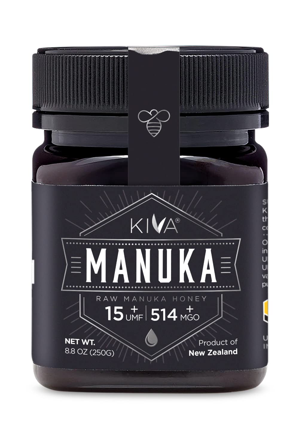 Kiva Raw Manuka Honey, Certified UMF 15+ | MGO 514+ | 100% Pure Genuine New Zealand (8.8oz/250g Bottle) | Non-GMO | No Antibiotics | Traceable | UMF & MGO Certified