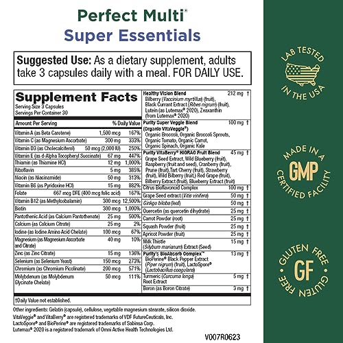 Purity Products Perfect Multi Super Essentials - Multivitamin + Fruits and Vegetables + Promotes Healthy Day and Night Vision Featuring Lutein, Zeaxanthin and Black Currant Extract - 90 Capsules