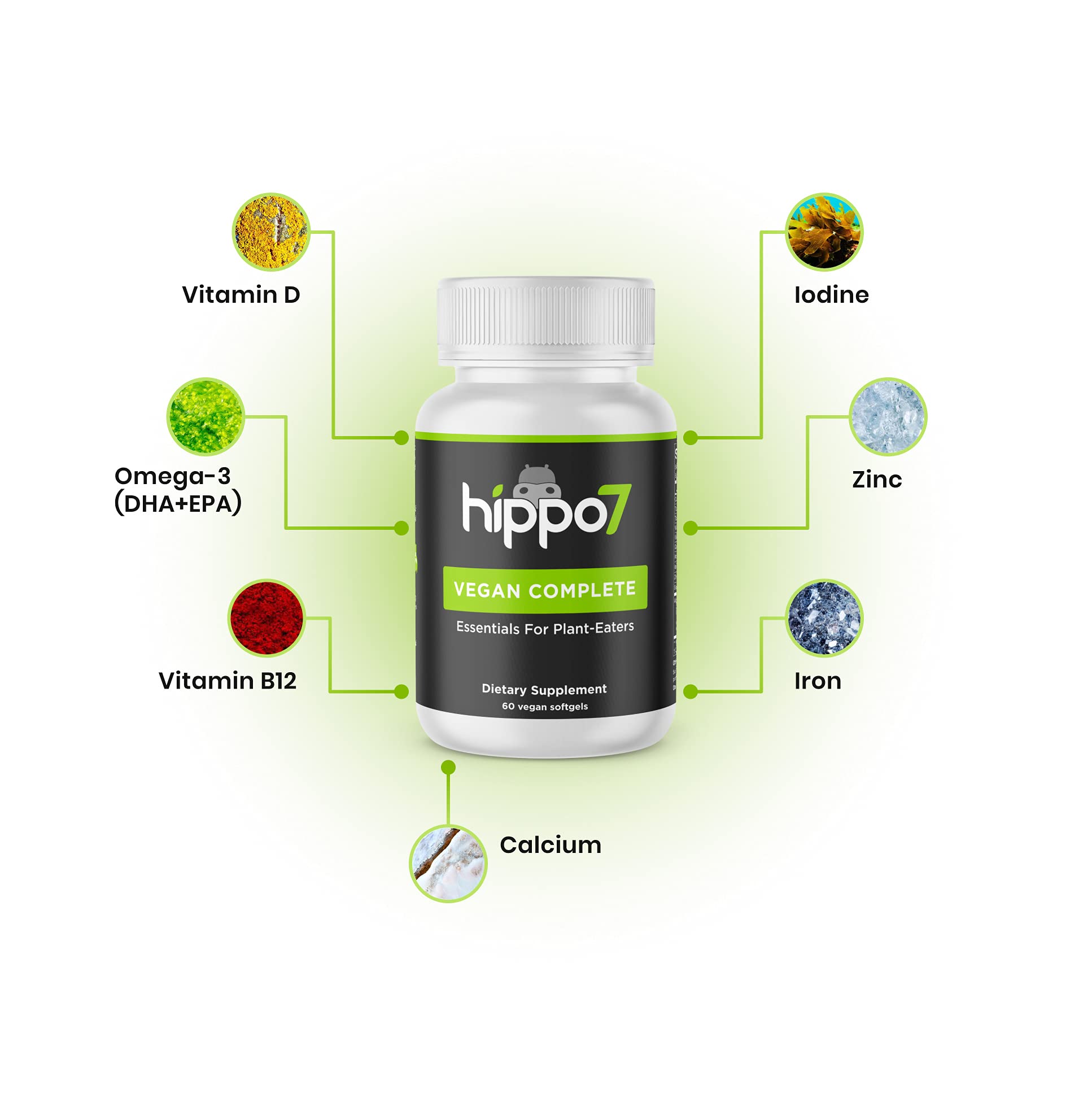 Hippo7 Vegan Complete Multivitamin Vitamin B12, Vitamin D, Omega-3 DHA+EPA, Calcium, Iodine, Zinc & Iron. (1 Bottle, 60 Softgels)