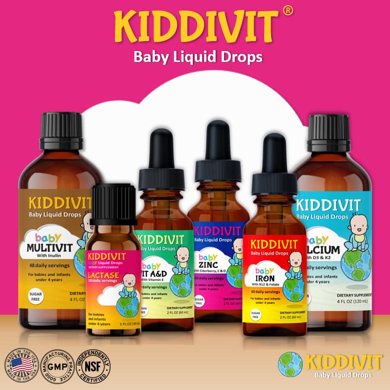 Kiddivit Baby Lactoferrin Liquid Drops - 60 Daily Servings, 2 Fl Oz (60 mL) - Inulin Fortified (Prebiotic, Dietary Fiber) - Sugar Free, Gluten Free, Vegetarian Friendly