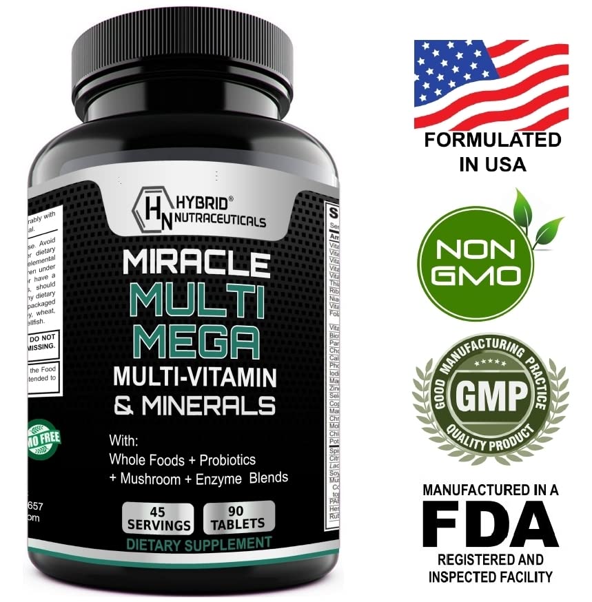 MiracleMulti MEGA Multivitamin for Men and Women - Multi Vitamin and Multi Minerals with Probiotics, Enzymes, Mushroom Complex, Anti-Oxidants, Organic Superfood Blend, Non-GMO - 90 Tablets