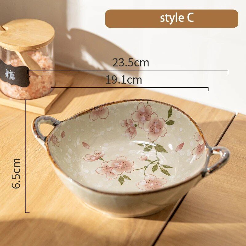 Elegant Floral Ceramic Soup and Salad Bowl with Handle