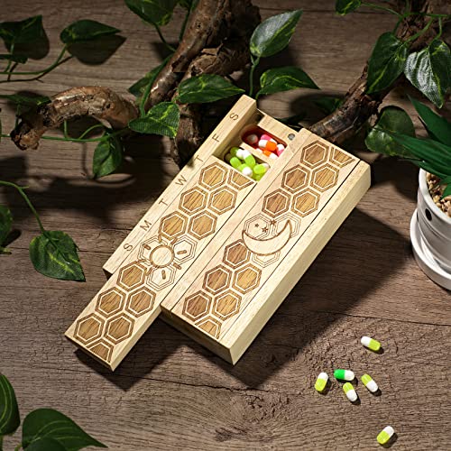 Wood 7 Day Weekly Pill Organizer Vitamin Dispenser Wooden Pill Case Pill Container Box for Vitamin Fish Oil Pills Supplements, Arthritis Friendly, Outdoor Travel