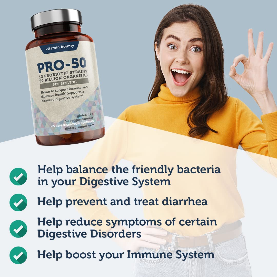 Vitamin Bounty Pro-50 Probiotics - 13 Probiotic Strains, Gut Health, Digestive Health, Probiotic for Women and Men, Delayed Release Capsule with Prebiotic Greens - 60 Capsules