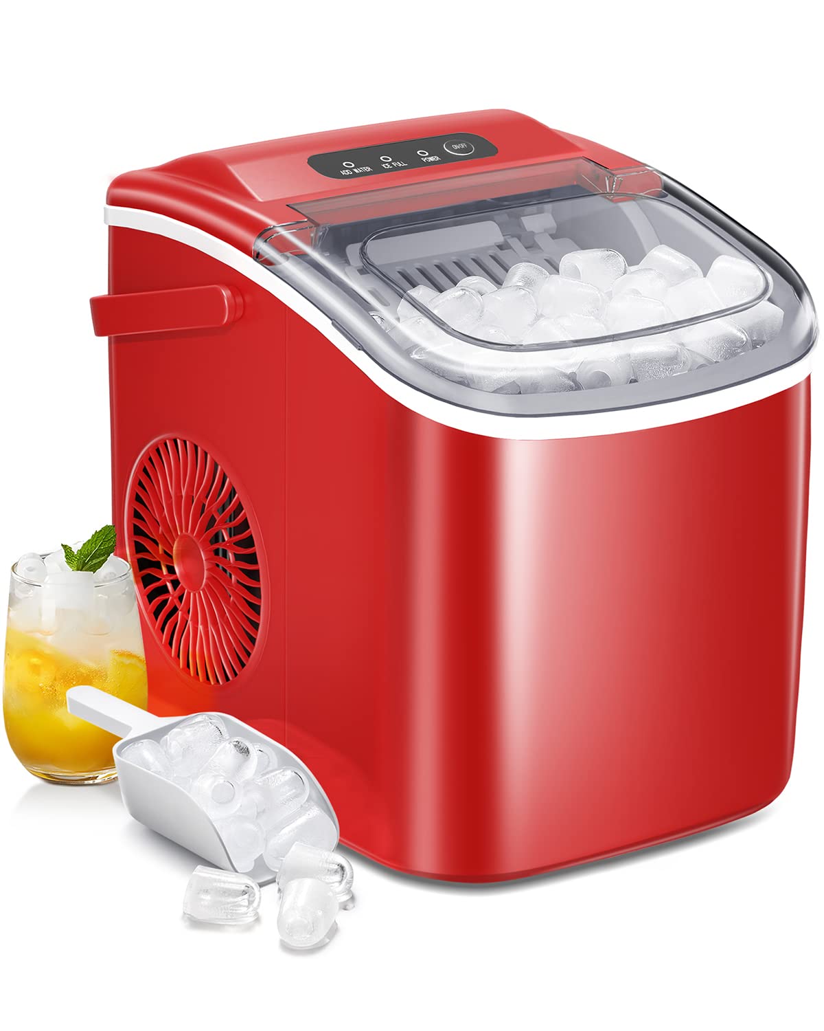 AGLUCKY Ice Makers Countertop,Protable Ice Maker Machine with Handle,Self-Cleaning Ice Maker, 26Lbs/24H, 9 Ice Cubes Ready in 8 Mins, for Home/Office/Kitchen(Red)