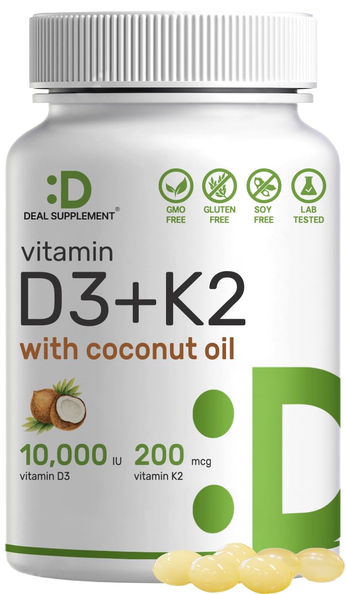 Sunshine Vitamin D - Vitamin D3 10000 IU with K2 MK7 200mcg, Infused with Virgin Coconut Oil, Support Healthy Bones, Teeth and Immune System - Easy to Swallow