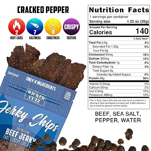 Cracked Pepper Beef Jerky Chips | Thin, Crispy, Crunchy Beef Jerky Crisps with 28G Protein Per Bag. Carnivore Diet Snacks, Gluten Free Snacks, Healthy Snacks for Adults, 1.25oz Each (2 Bags)