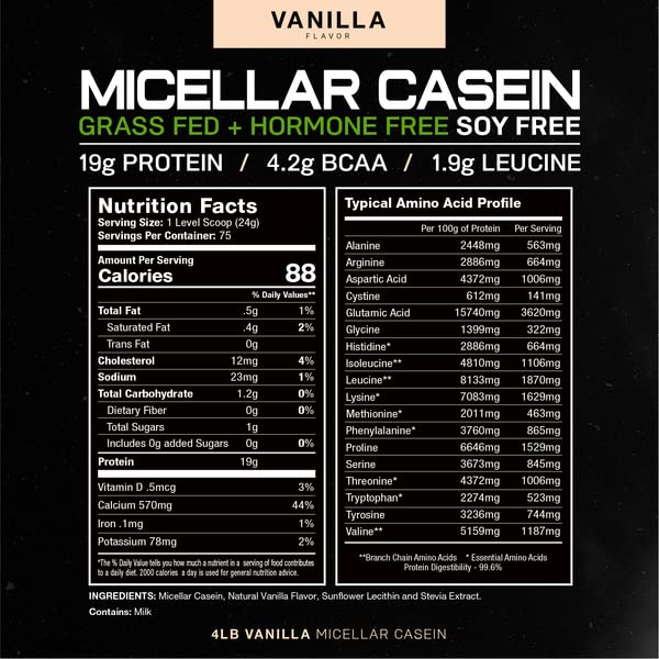 Muscle Feast 100% Micellar Casein Protein | All Natural, Pasture Raised, Hormone Free, Soy Free Slow Absorbing Pure European Micellar Casein | 19g Protein, 88 Calories | Vanilla 4lb | 75 Servings