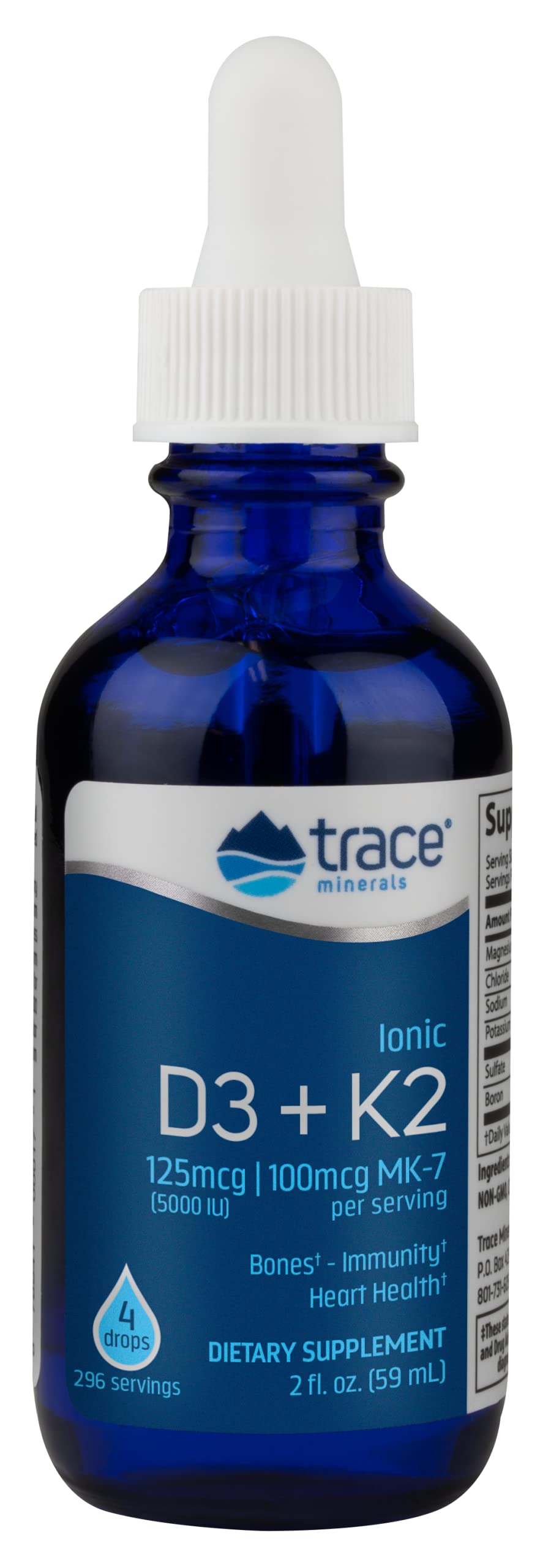 Trace Minerals | Liquid Ionic Vitamin D3 + K2 | 125 mcg (5,000 IU) D3, 100 mcg K2 | Concentrated Dietary Supplement | 2 fl oz. 296 Servings