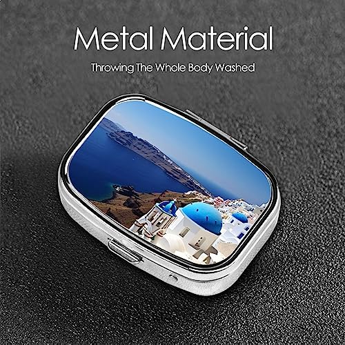 Santorini Greek Island sea View Pill Box Metal Pill Organizer Case Portable Pill Box for Pocket or Purse Decorative Medicine Organizer Vitamin Container