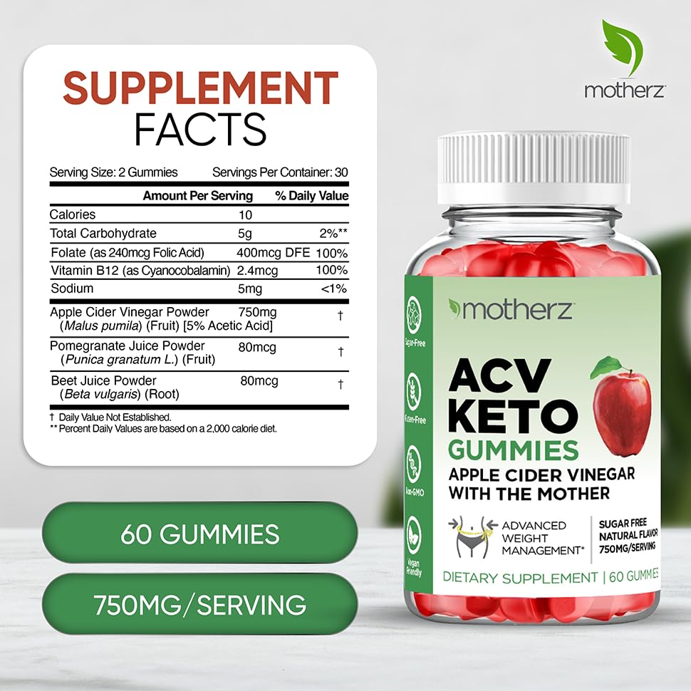 ACV Keto Gummies with Apple Cider Vinegar (with The Mother) - Sugar Free Keto ACV Gummies for Weight Management Cleanse & Detox – Natural Apple Flavor – Non-GMO – Gluten-Free – Vegan