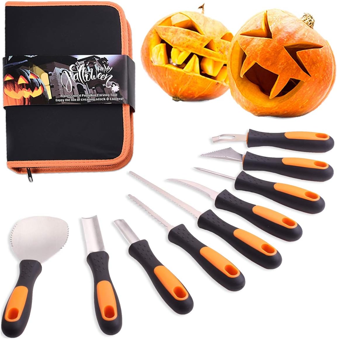 7Felicity Professional Halloween Pumpkin Carving Kit, Anti-Slip Rubber Handle, 9 Piece Stainless Steel Pumpkin Carving Tools Knife Set for Halloween DIY Decoration, with Storage Bag