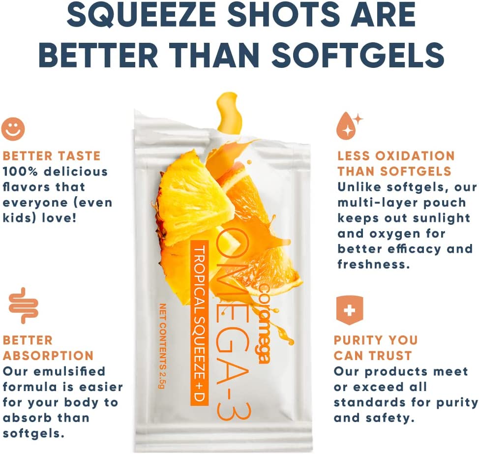 Coromega Omega 3 Fish Oil Supplement with Additional Vitamin D3, 650mg of Omega-3s with 3X Better Absorption Than Softgels, Tropical Orange Flavor, 30 Single Serve Squeeze Packets