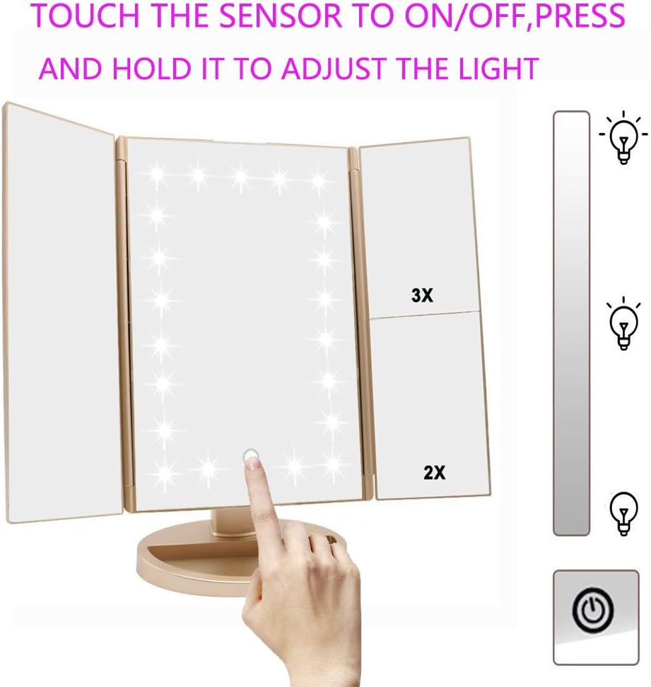 Flymiro Tri-fold Lighted Vanity Makeup Mirror with 3x/2x/1x Magnification, 21Leds Light and Touch Screen,180 Degree Free Rotation Countertop Cosmetic Mirror,Travel Makeup Mirror (Gold)