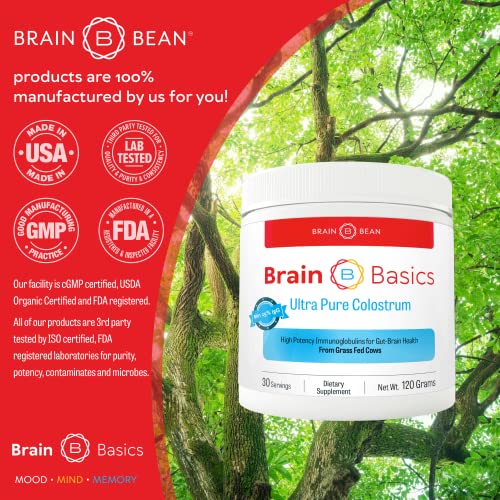 Brain Basics Ultra-Pure Colostrum, 4000mg per Serving, Min 25% IgG antibodies, Gut-Brain-Immune Health, Glowing Hair and Skin. Colostrum Powder from Grass-Fed Cows. 120 Grams - 30 Servings