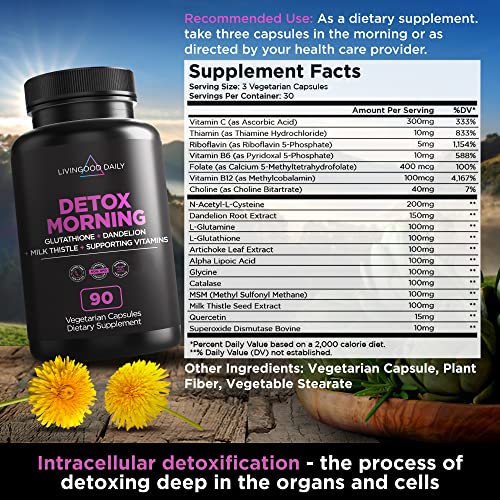 Livingood Daily Detox Pills - Full Body Detox Cleanse for Women & Men with Milk Thistle, Glutathione, Psyllium Husk - Kidney, Skin, Gut, Lung, Liver and Colon Cleanse & Repair, 90 Capsules per Bottle