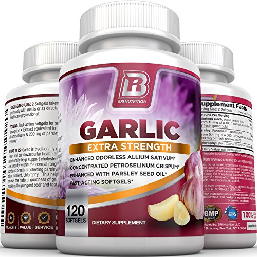 BRI Nutrition Odorless Garlic - 120 Softgels - 1000mg Pure and Potent Garlic Allium Sativum Supplement (Maximum Strength) - 60 Day Supply