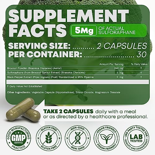 Peak Revival-X 5000mcg of Real Lab-Verified Sulforaphane Supplement - Broccoli Seed Extract 250mg Supplements - Promotes Cognitive Function, Liver & Cellular Support - 60 Vegan Capsules/Pills