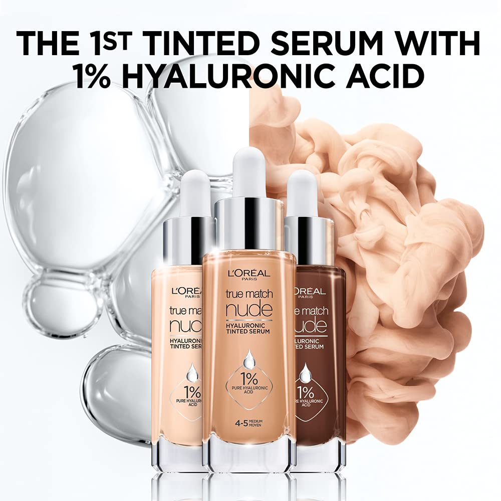 L'Oréal Paris True Match Nude Hyaluronic Tinted Serum Foundation with 1% Hyaluronic acid, Medium Tan 5-6, 1 fl. oz.