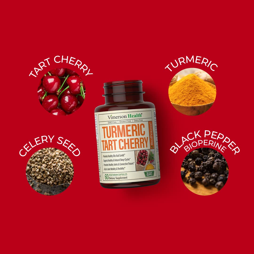 Turmeric Curcumin & Tart Cherry Extract Capsules with Black Pepper. 95% Curcuminoids. Joint Support Supplement with Organic Tumeric & Bioperine. Aids Uric Acid Balance, Muscle Recovery & Sleep Support