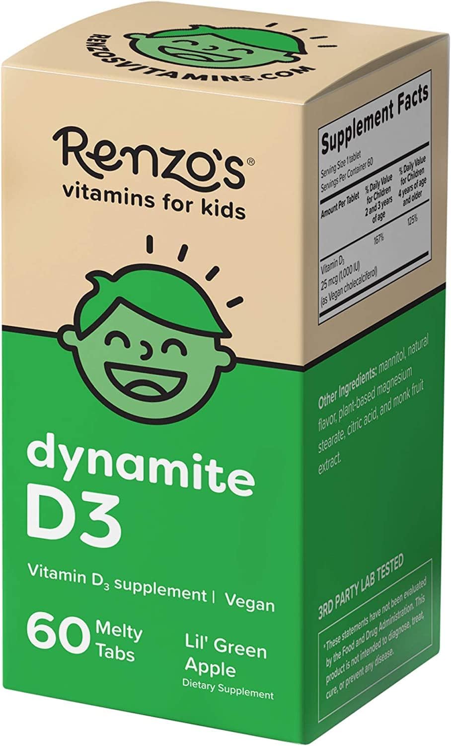 Renzo's Dynamite Vitamin D3 - Dissolving Kids Vitamin D3-60 Sugar-Free Melty Tabs, Lil’ Green Apple Flavored