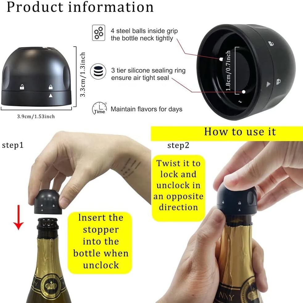 Champagne Stopper 3Pack Black, Leakproof Champagne Stoppers, Professional Champagne Saver Bottle Stopper, Keep Champagne Fresh Perfect for Champagne, Cava, Prosecco & Sparkling Wine