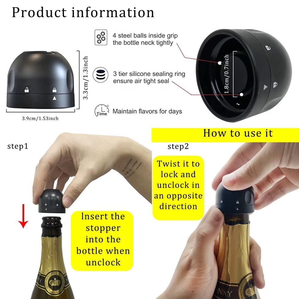 Champagne Stopper 3Pack Black, Leakproof Champagne Stoppers, Professional Champagne Saver Bottle Stopper, Keep Champagne Fresh Perfect for Champagne, Cava, Prosecco & Sparkling Wine