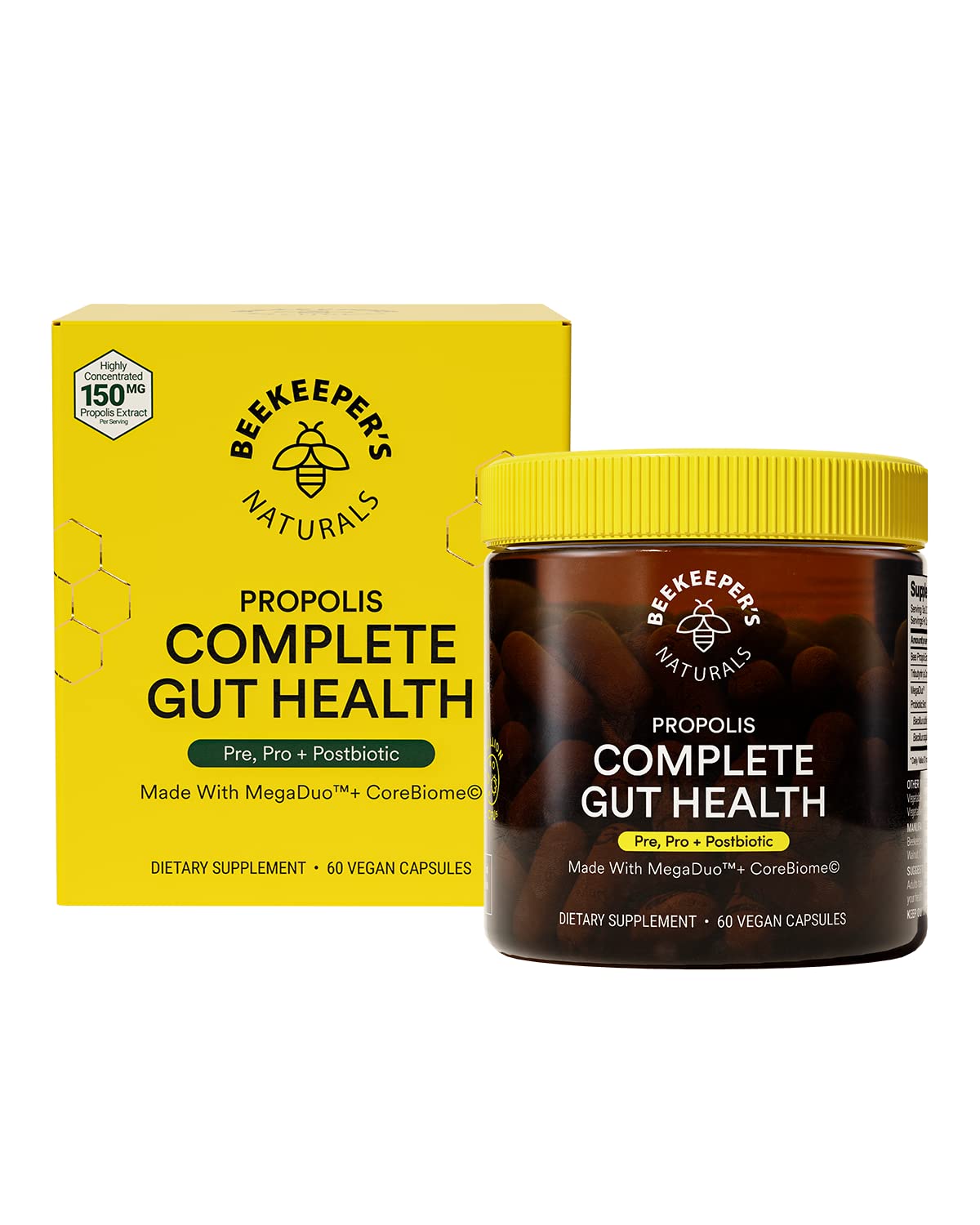 Beekeeper's Naturals Complete Gut Health, 3-in-1 Prebiotic, Postbiotic, Probiotics for Digestive Health & Bloating Relief for Women & Men, Propolis Powered, Gluten-Free Vegan Capsules, 60ct