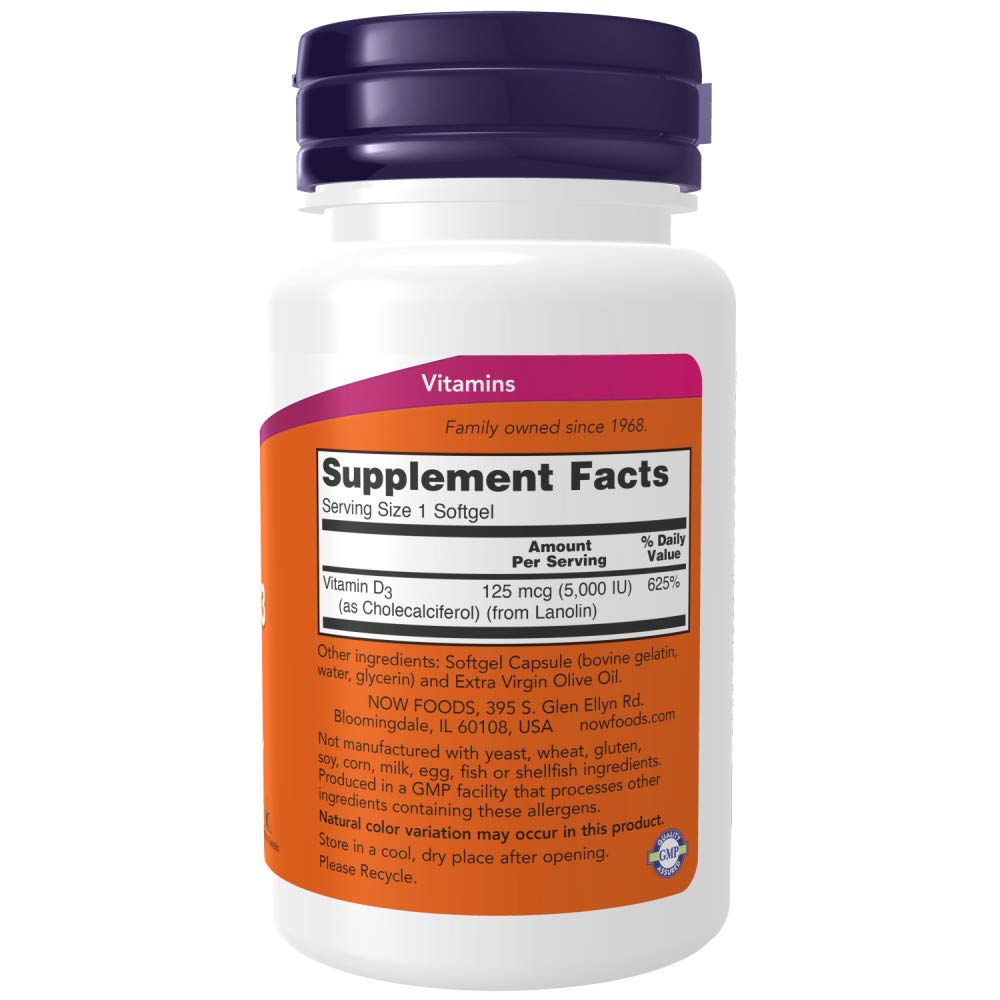 NOW Supplements, Vitamin D-3 5,000 IU, High Potency, Structural Support*, 120 Softgels