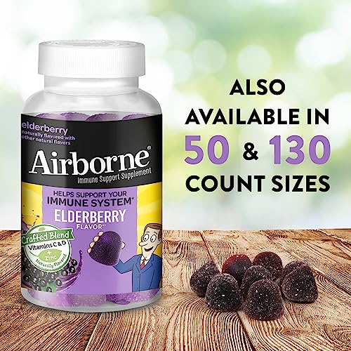 Airborne Elderberry + Zinc & Vitamin C Gummies For Adults, Immune Support Vitamin D & Zinc Gummies with Powerful Antioxidant Vitamins C D & E - 130 Gummies, Elderberry Flavor