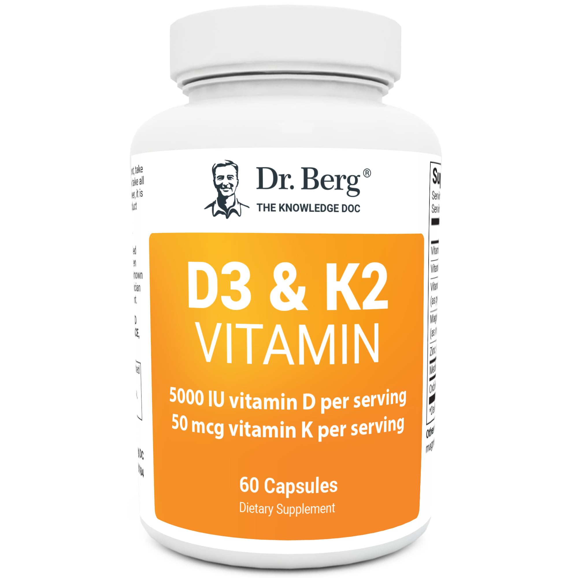 Dr. Berg D3 K2 Vitamin 5000 IU w/MCT Oil - Includes 50 mcg MK7 Vitamin K2, Purified Bile Salts, Zinc & Magnesium for Ultimate Absorption - Supplement - 60 Capsules