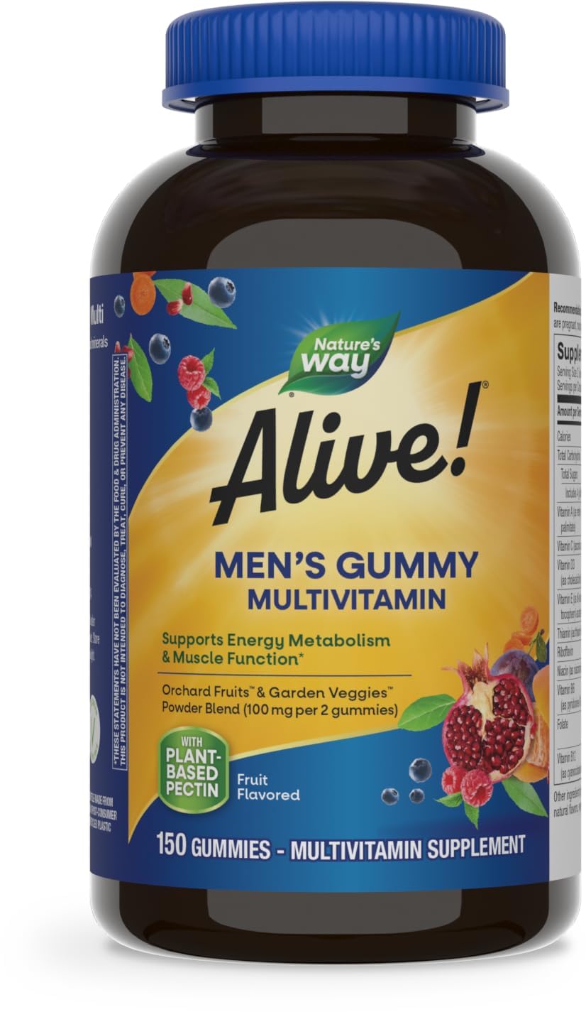 Nature's Way Alive! Men's Daily Gummy Multivitamin, Supports Energy Metabolism & Muscle Function*, B-Vitamins, Gluten-Free, Vegetarian, Fruit Flavored, 150 Gummies (Packaging May Vary)