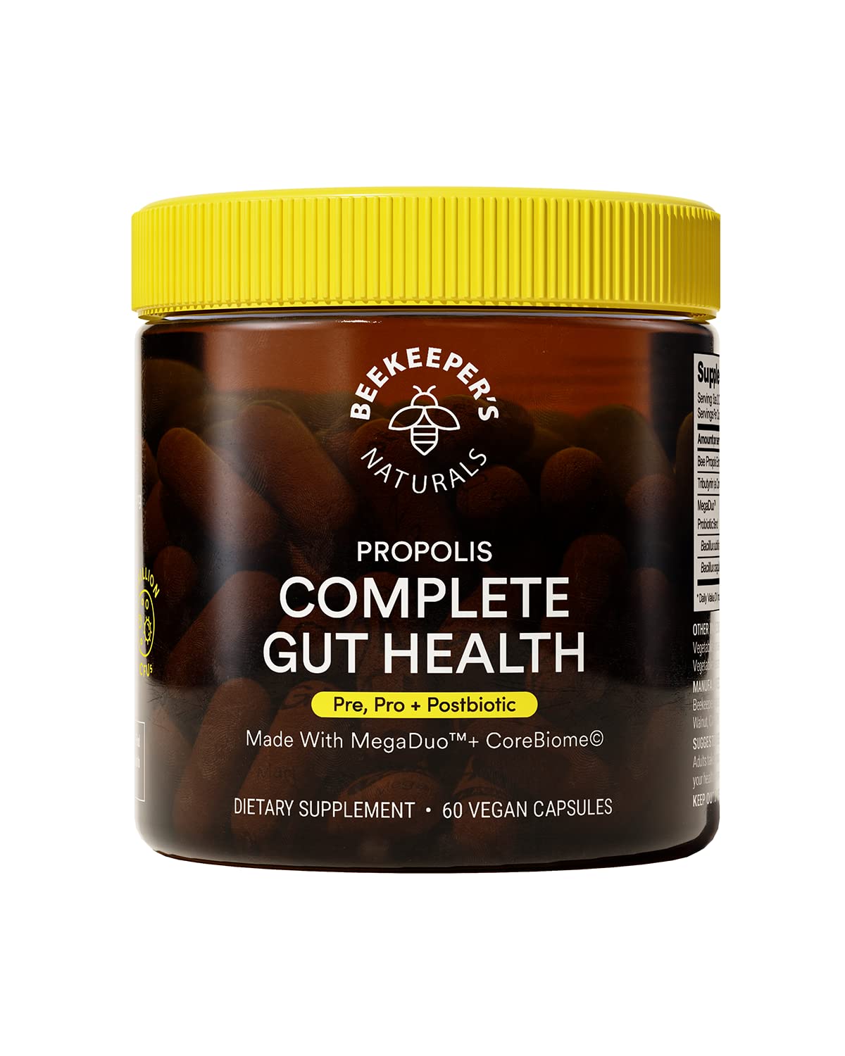 Beekeeper's Naturals Complete Gut Health, 3-in-1 Prebiotic, Postbiotic, Probiotics for Digestive Health & Bloating Relief for Women & Men, Propolis Powered, Gluten-Free Vegan Capsules, 60ct