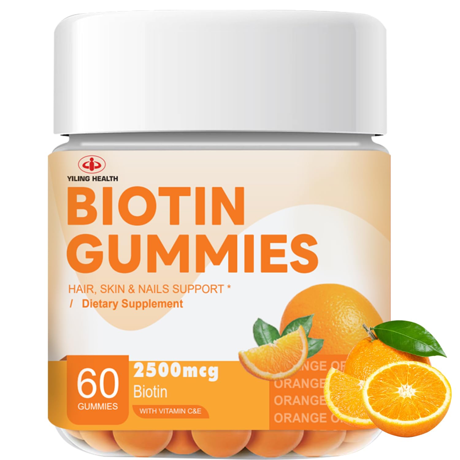 YILING Hair Gummies Vitamins Extra Strength Biotin 2500mcg, Vitamins C, E for Women & Men - Vegan Gummies Hair, Skin & Nails Biotin Supplement, Sweet Orange Flavor -60 Count