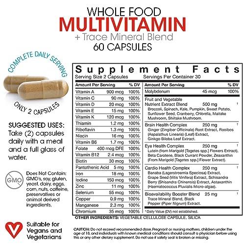 Silver Fern Whole Food Daily Multi Vitamin w/Trace Mineral Blend Supplement - 1 Bottle - 60 Vegicaps - 30 Day Supply - Natural, Non-GMO, Vegan, Men's & Women's Multivitamin - Zero Synthetics